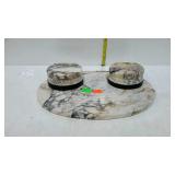 Marble desk set, two inkwell with lids, measures
