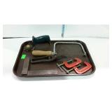 Tools, coping saw, 2 small "C" Clamps, square,