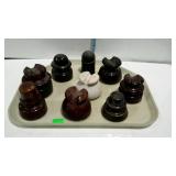Collection of 9 ceramic electric insulators of