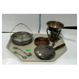 Silver plated wares, Crum tray, spoons, warmer