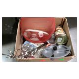Box lot: glass bottles, kitchen wares & home