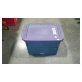 Sterilite blue tote with purple lid.