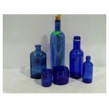 Cobalt blue glassware, bottles and jars.