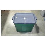 Rubbermaid green tote with blue lid. 18 gallon.