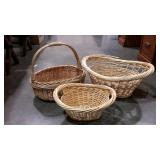 Three home decor bamboo baskets one handled