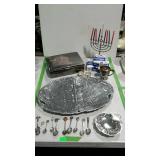 Group lot of metalwares. A menorah with three