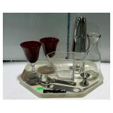 Tray lot of barware. Two ruby wine glasses, wine