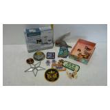 Tray lot: George Mason paperweight,  patches,
