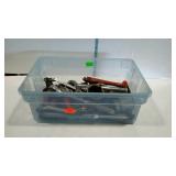 Tool lot, plastic bin tote with misc tools,