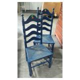 Two blue painted ladder back rush seat farm table