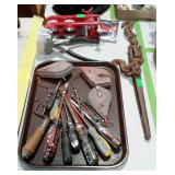 Tool lot, screw drivers, chalk lines, chain