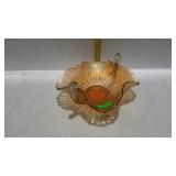 Carnival glass double handled ruffled footed dish,