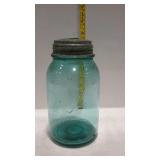 Blue glass quart size Ball Mason canning jar with