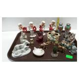 Figurines tray lot - candy container dog, hen on