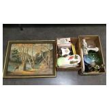 Misc - two box lots, lamps, dishes, framed print,