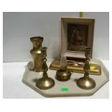 Home decor - brass vase, candle holders, and mini