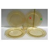 Yellow depression glass - four 11" dinner plates