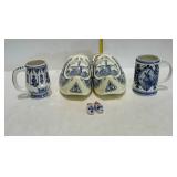 Holland theme - two Delft mugs, wooden shoes, etc