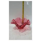 Cranberry glass 7" bowl- quilt pattern with ruffle