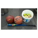 Sports Lot, 2 basketballs, bucket of tennis, and