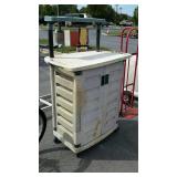 Suncast gardening cart with storage, on wheels.