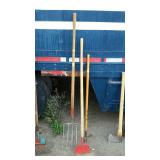 Tool lot, includes pitch fork and garden hoe