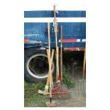 Tool lot, includes rake pick axe sledge hammer