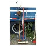 Tool lot, includes broom rake fish net