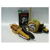 Group of three work lights. One is cordless and