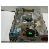 Hardware box lot, hose clamps, cable wire,