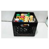Plastic milk crate of misc spray paints