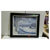 Painting on canvas - Winter lake cabin scene,