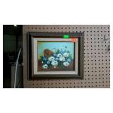 Painting on board - floral basket scene, framed -