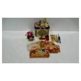 Sewing supplies - needle packs, pin cushion, tin,
