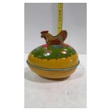 J Chein rooster topped tin egg shaped container