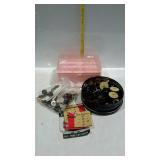 Sewing supplies - tin and bag of buttons, snaps, &