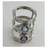 .925 Sterling Amethyst, Blue & White topaz Ring