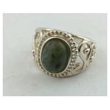 .925 Sterling Nephrite Jade Cabochon Ring Size 8