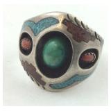 Sterling Turquoise & Coral with inlay Gents ring