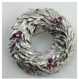 .925 Sterling Ruby Wreath Broach Hallmark B.A.B.