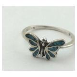 .925 Sterling Blue Inlaid Butterfly ring Size 4
