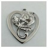 .925 Sterling Heart With Rose Pendant 7/8" Long