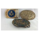 Three Belt Buckles, Deer, Masonic, and scroll