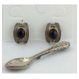 Sterling Lot:  Pair of clip on Earrings and Spoon