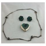 .925 earrings, heart locket, and necklace