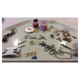 Wooden Jewelry box and contents: earrings,
