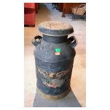 Milk can with lid. Flaking black and gold paint