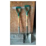 Temper t-handled potato fork and square shovel.