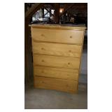 Five drawer light pine chest. 34"×18"×46".