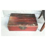 Wooden storage trunk with hinged lid and side